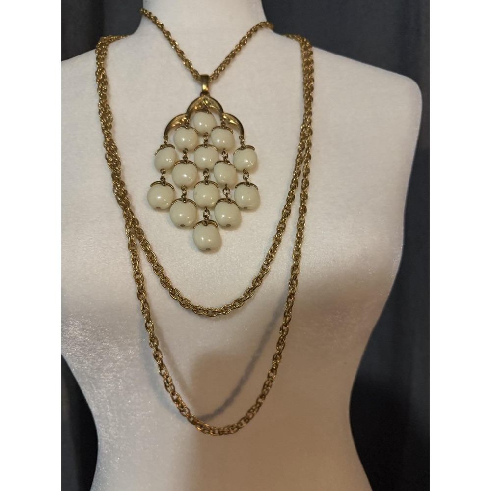 Vintage Crown Trifari Gold Tone White Cabochon Multi Strand Pendant Necklace